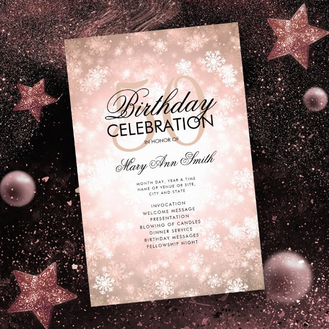 Winter 50 Birthday Program Rose Gold Glam Menu (Creator Uploaded)