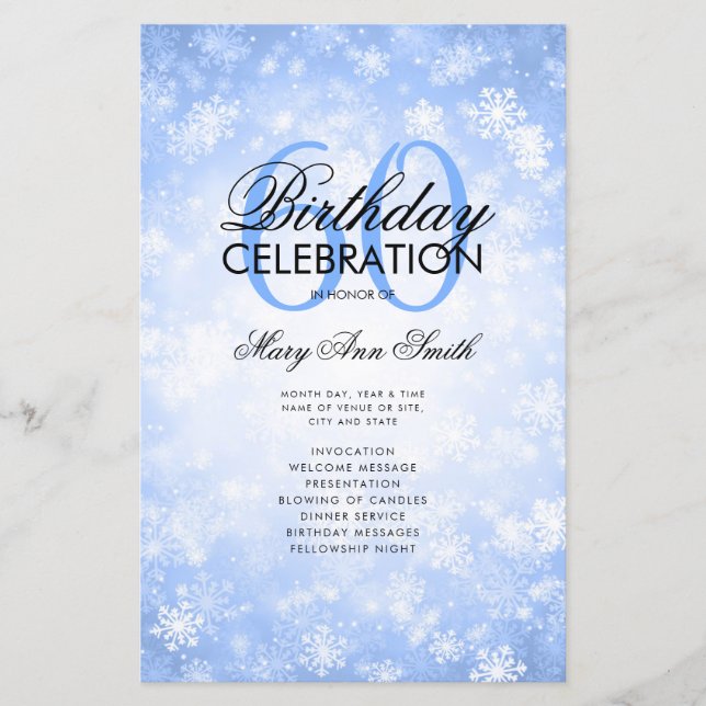 Winter 60th Birthday Program Navy Wonderland Menu (Front)