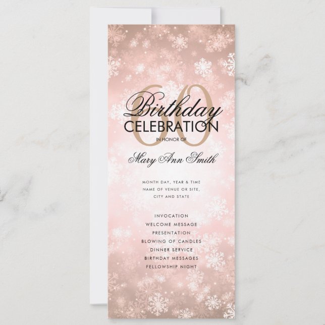 Winter 60th Birthday Program Rose Gold Menu Invitation (Front)