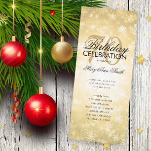 Winter 70th Birthday Program Gold Wonderland Menu Invitation