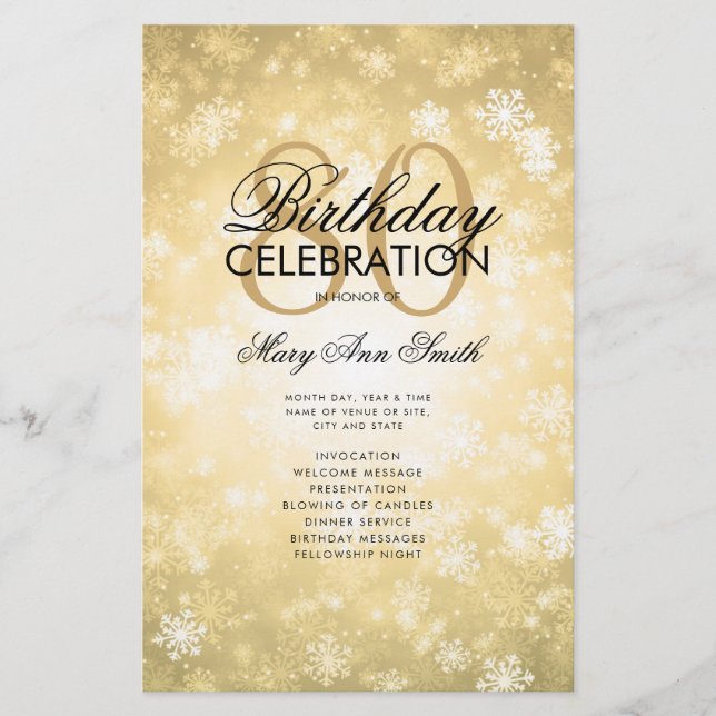 Winter 80th Birthday Program Gold Wonderland Menu (Front)