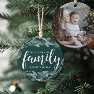 Winter Abundance   Peace Love Joy Family Ceramic Tree Decoration