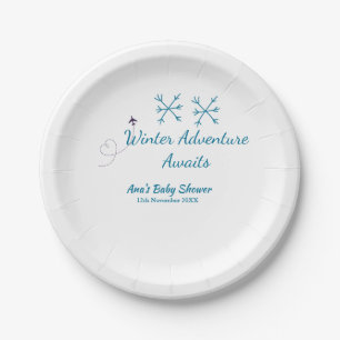 Winter Adventure awaits baby shower blue snowflake Paper Plate