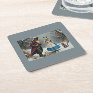 Winter Alice grey paper square drink coasters