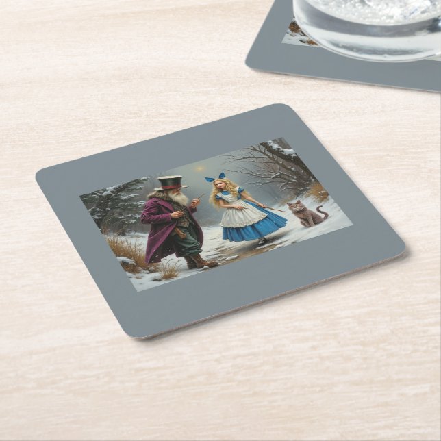 Winter Alice grey paper square drink coasters (Angled)