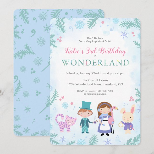 Winter Alice in Wonderland Girls  Birthday Invitation (Front/Back)