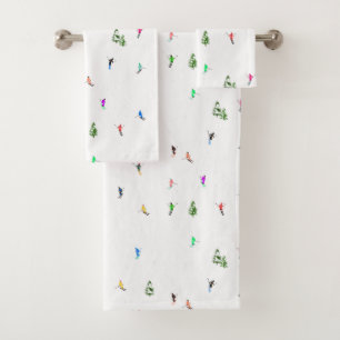 Winter Alpine Skiers Skiing Ski Skis Pattern Bath Towel Set