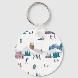 Winter Alps holidays: active people seamless Key Ring