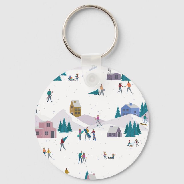 Winter Alps holidays: active people seamless Key Ring (Front)