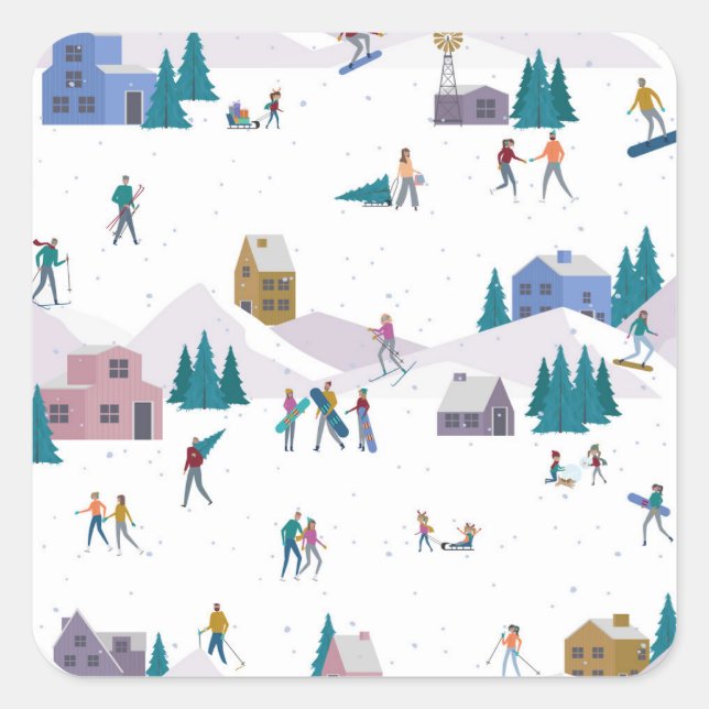 Winter Alps holidays: active people seamless Square Sticker (Front)