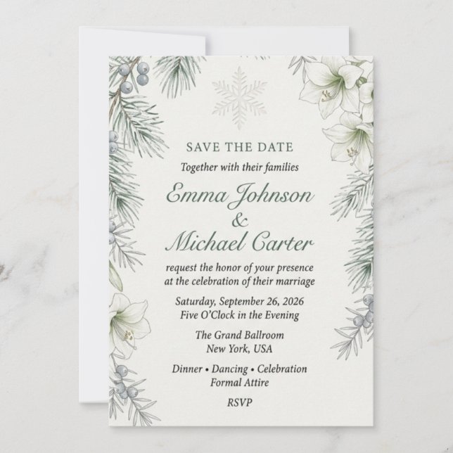 Winter Amaryllis, Pine, Berries, Snowflake, and Wa Invitation (Front)
