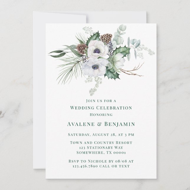 Winter Anemone Hand-Painted Wedding Celebration  Invitation (Front)