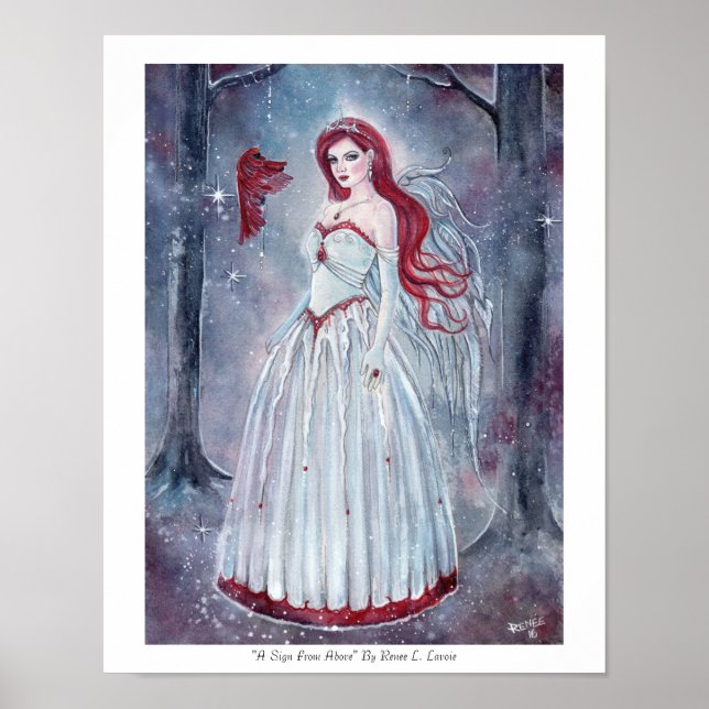 Winter angel with cardinal fantasy art print (Front)