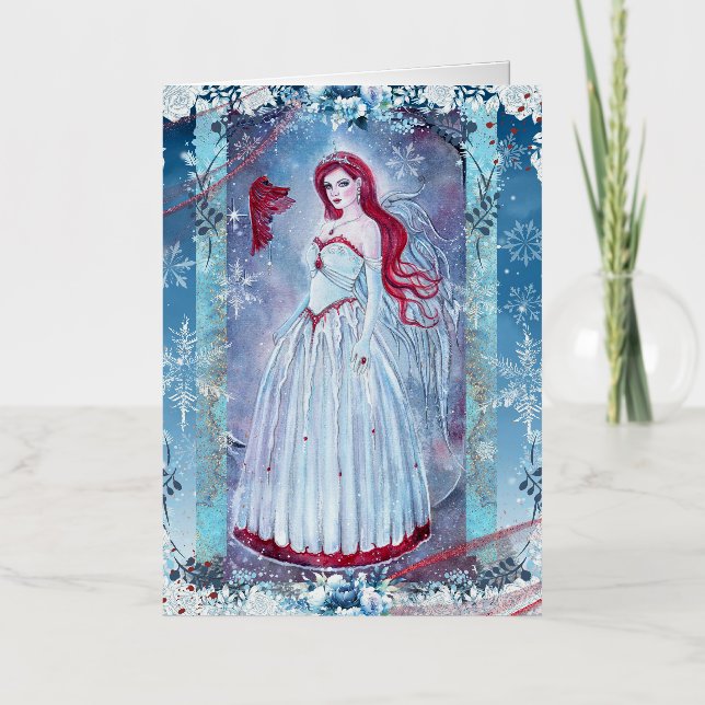 Winter angel with cardinal fantasy art print foil greeting card (Front)