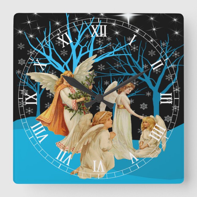 Winter Angels Square Roman Numerals Clock (Front)