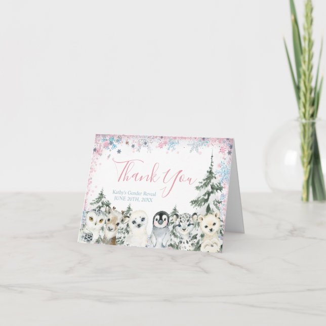 Winter Animal Gender Reveal He or She Thank You Card (Front)