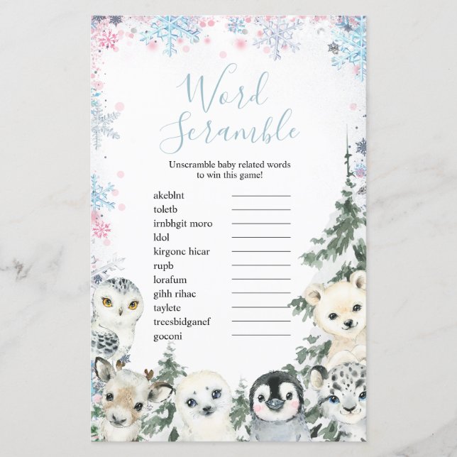 Winter Animal Gender Reveal Word Scramble (Front)