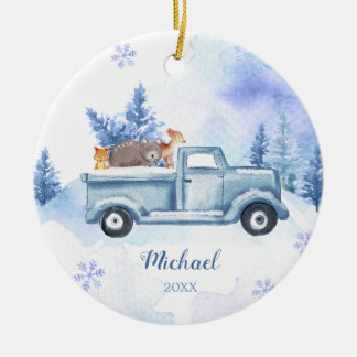 Winter Animal Truck Blue Snowflakes Mountain Ceramic Tree Decoration