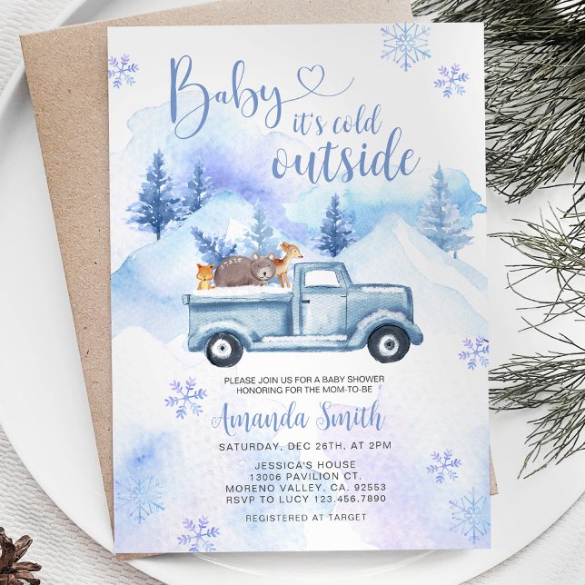 Winter Animal Truck Snowflakes Forest Baby Shower Invitation (Creator Uploaded)