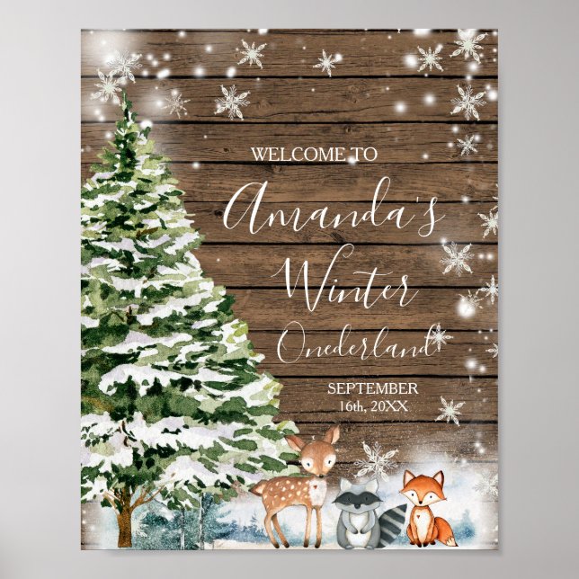 Winter Animal Wood Snowflakes ONEderland Birthday Poster (Front)