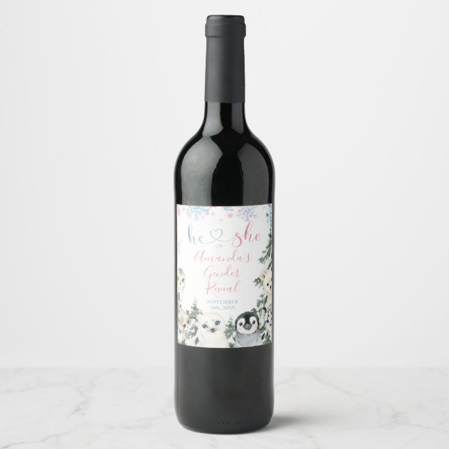  Winter animals artics Gender Reveal Wine Bottle Label (Front)