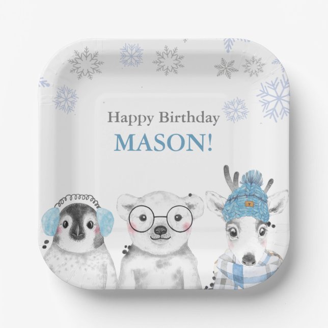 Winter Animals Birthday Boy  Paper Plate (Front)