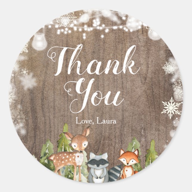 Winter Animals Snowflakes Baby Shower Thank you Classic Round Sticker (Front)