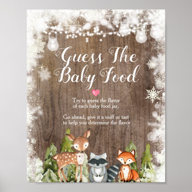 Winter Animals Snowflakes Wood Guess the Baby Food Poster (Front)