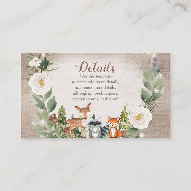 Winter Animals Woodland White Floral Baby Shower Enclosure Card (Front)