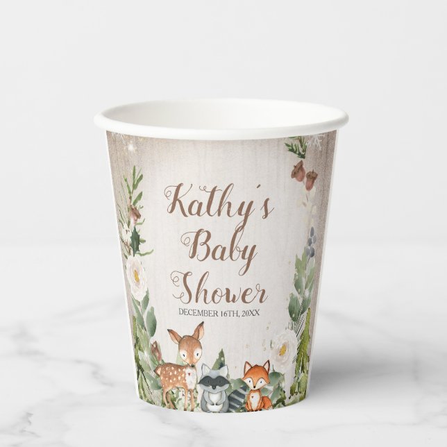 Winter Animals Woodland White Floral Baby Shower Paper Cups (Front)