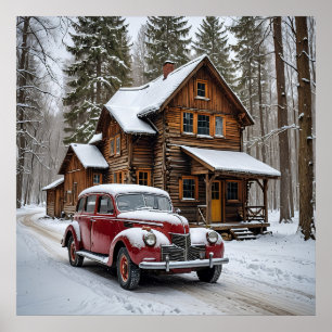 Winter Antique Car Poster