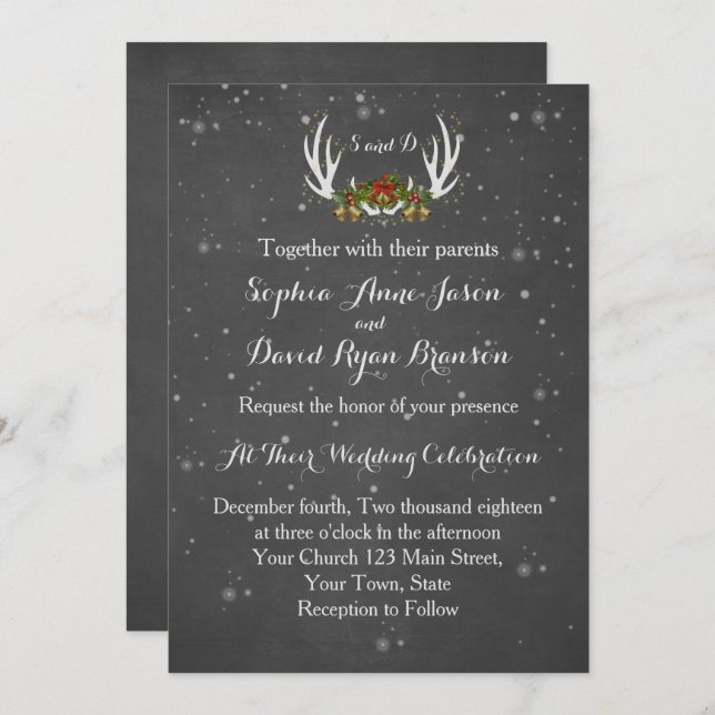 Winter Antlers Chalkboard Wedding Invitation (Front/Back)