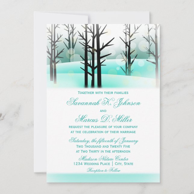 Winter Aqua Woodland Trees Wedding Invitations (Front)