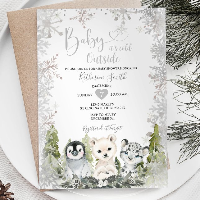 Winter arctic Animal Baby Shower Silver Snowflakes Invitation (Creator Uploaded)