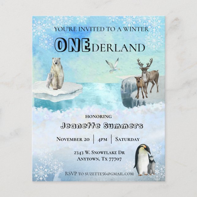 Winter Arctic Animal Birthday 1st First Onederland Flyer (Front)