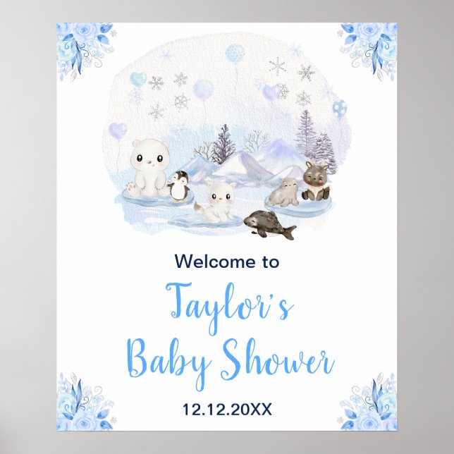 Winter Arctic Animals Baby Shower Welcome Poster (Front)