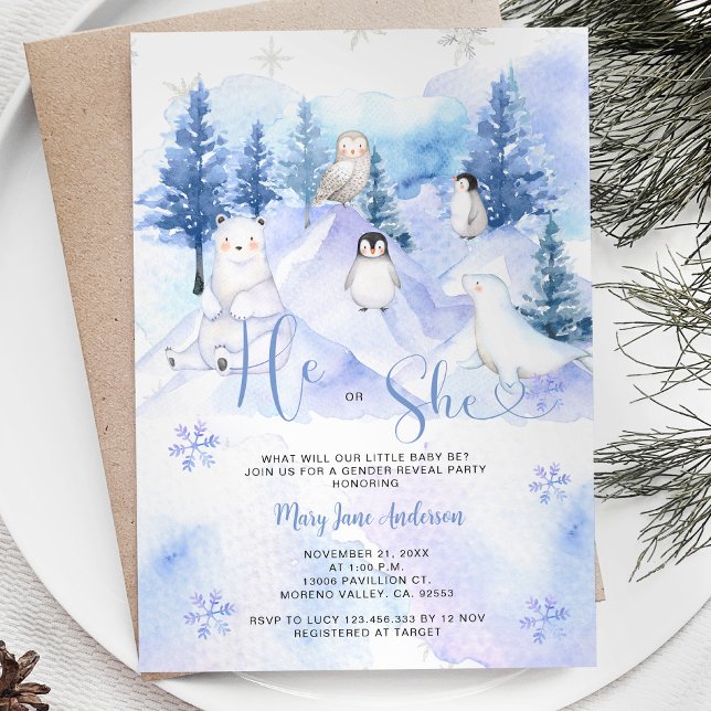Winter Arctic Animals Gender Reveal He or She  Invitation (Creator Uploaded)