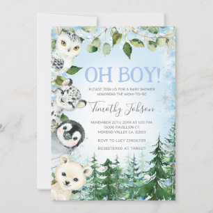 Winter Arctic Animals Pine Tree Boy Baby Shower Invitation