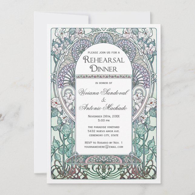 Winter Art Nouveau Rehearsal Dinner Invitations (Front)