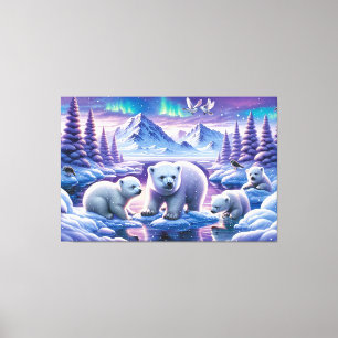 Winter Art with Northern Lights & Polar Bear Cubs Canvas Print