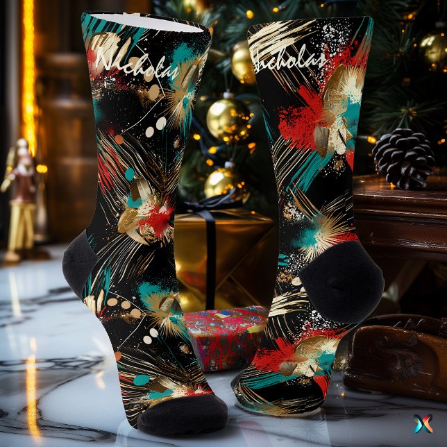 Winter Artistic Socks in Teal, Red, and Gold (Creator Uploaded)