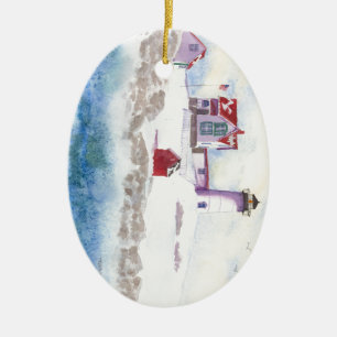 winter at Nubble LIghthouse in Maine Ceramic Tree Decoration