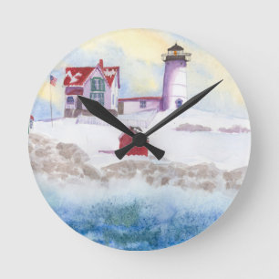 winter at Nubble LIghthouse in Maine Round Clock