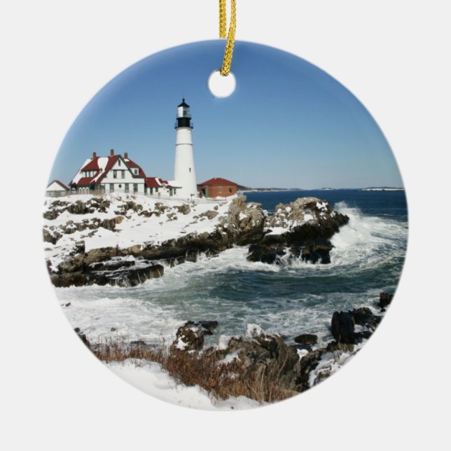 Winter at Portland Head Light Ceramic Tree Decoration (Front)