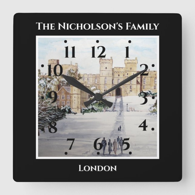 Winter at Windsor Castle Landscape Painting Black Square Wall Clock (Front)