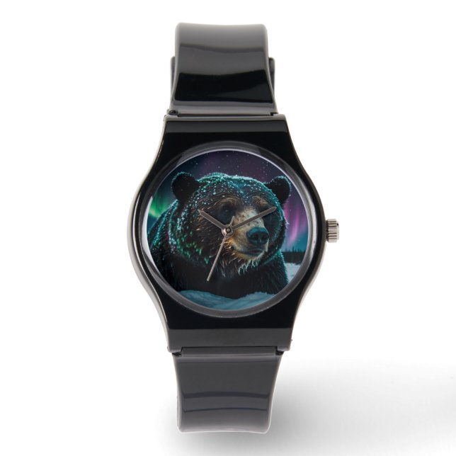Winter Aurora & Black Bear Wildlife Design Watch (Front)