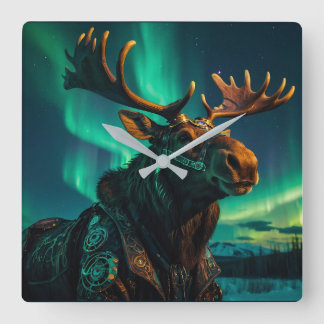Winter Aurora & Steampunk Moose Wildlife Art Square Wall Clock
