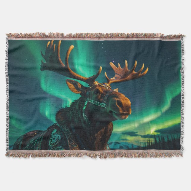 Winter Aurora & Steampunk Moose Wildlife Art Throw Blanket (Front)