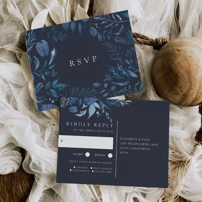 Winter Azure | Botanical Meal Choice Wedding RSVP Invitation Postcard (Creator Uploaded)