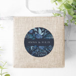 Winter Azure | Personalised Botanical Wedding Classic Round Sticker<br><div class="desc">Seal your invitation envelopes or favours with these elegant botanical wedding stickers featuring your names framed by a top and bottom border of winter watercolor foliage in shades of blue. Coordinates with our Winter Azure wedding collection.</div>